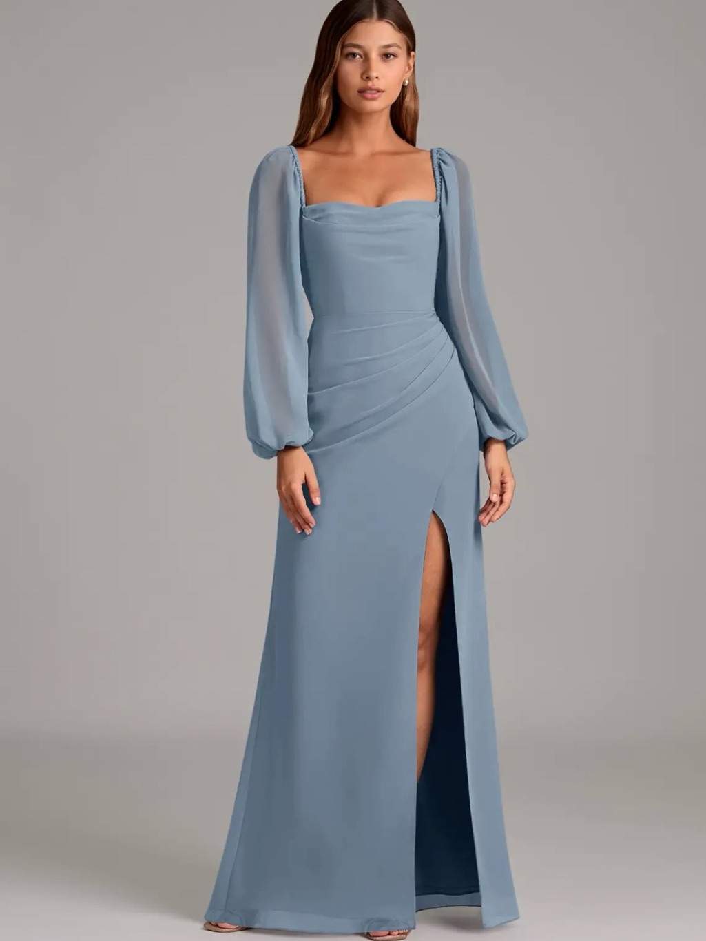 Azazie Dusty Blue Square-Neck Gown With Bishop Sleeves